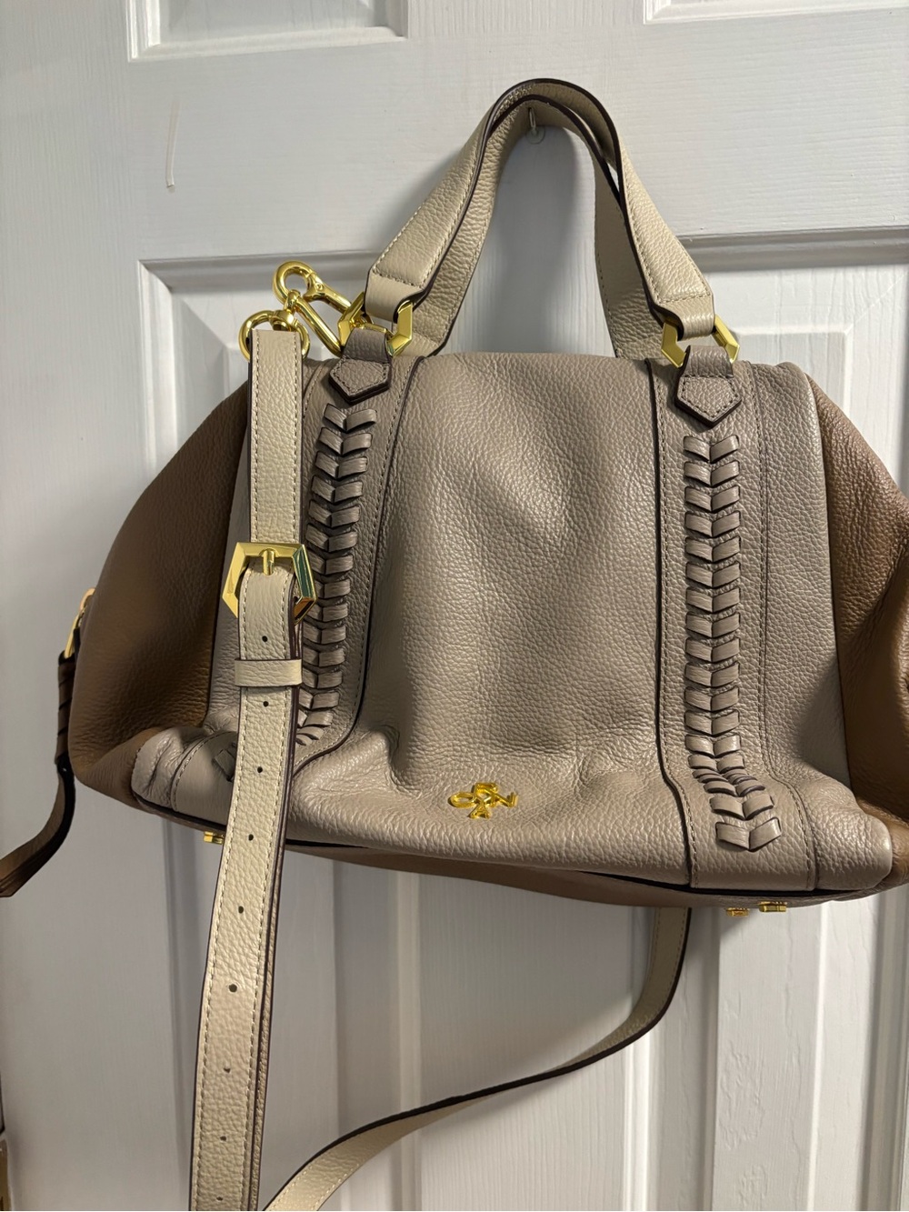 Oryany Tri-Color Pebbled Leather Satchel Crossbody Bag Taupe Tan Cream EUC